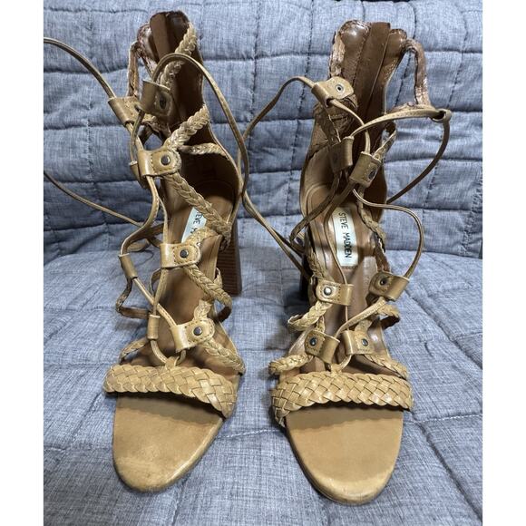 Steve Madden Tarra, Tan Block Heel, Leather Upper, Lace Up Heels, Size 7 - Picture 1 of 10